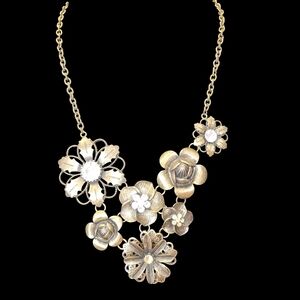 Goldtone Floral Bib Statement Necklace With Crystal Accents